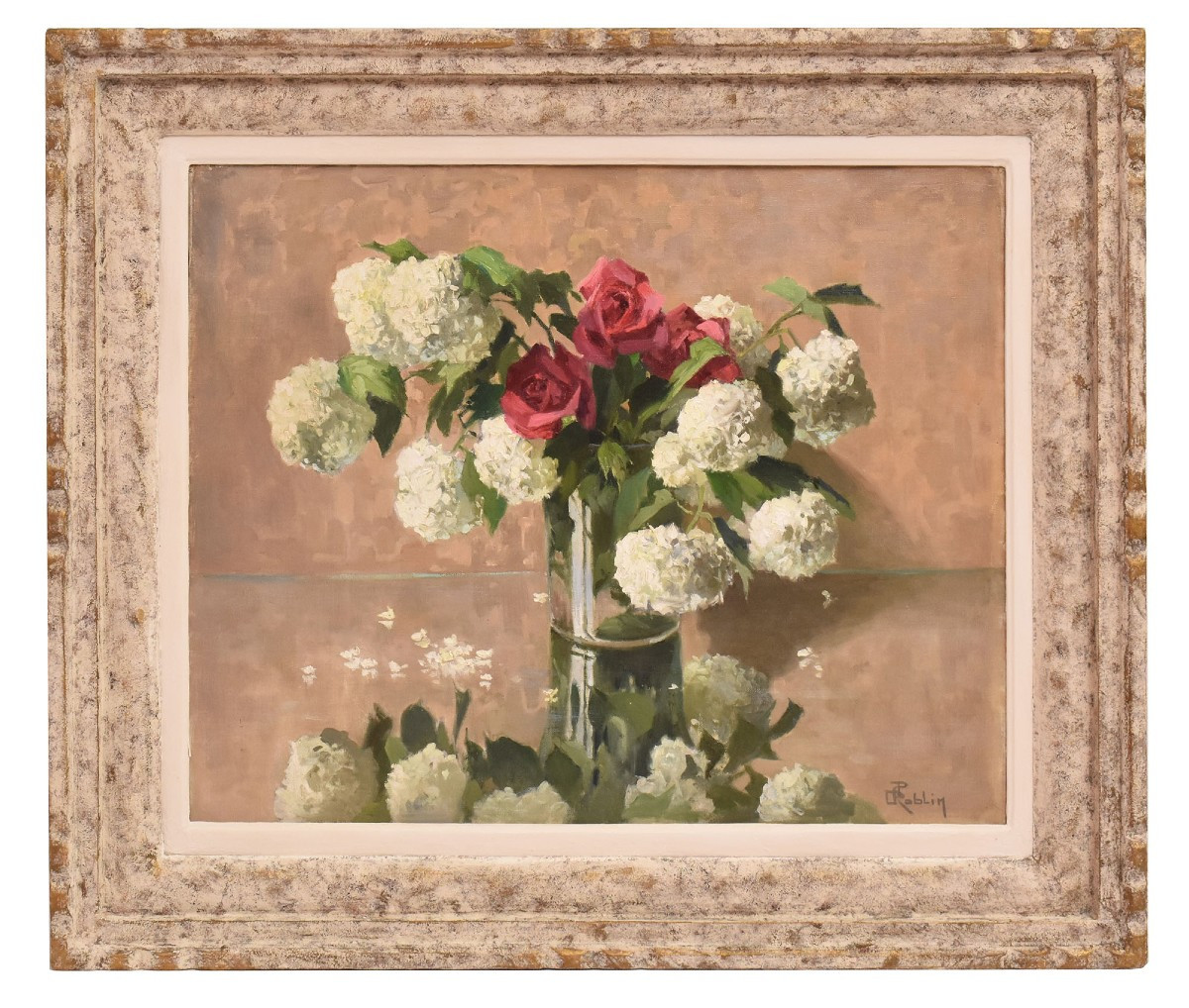 DIPINTI ANTICHI CON FIORI DI ROSE ROSA E PALLON DI MAGGIO, NATURE MORTE, OLIO SU TELA, XX. (QF6