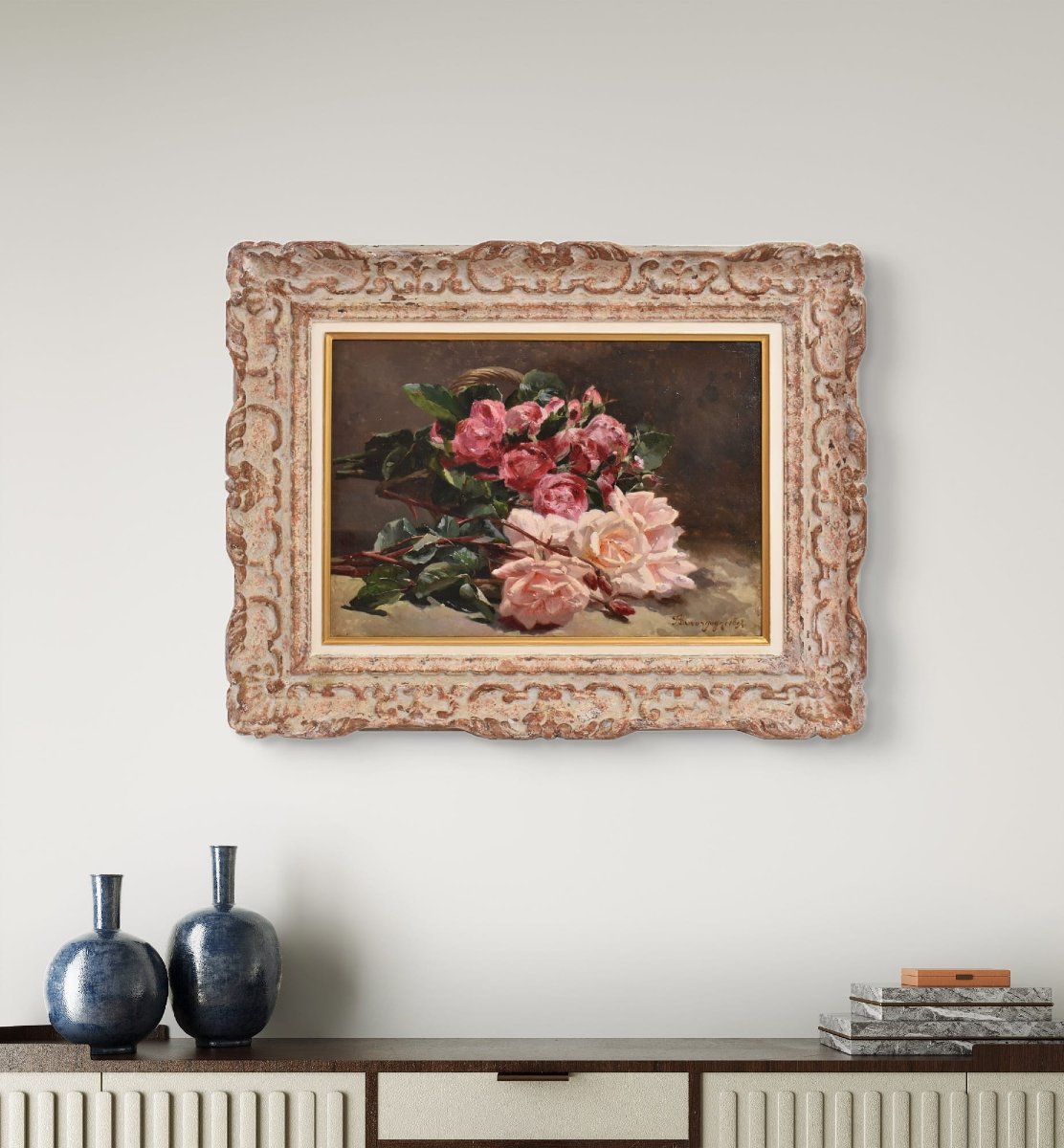 QUADRI ANTICHI, NATURA MORTA CON FIORI DI ROSE ROSSE E BIANCHE RECISE, OLIO SU TELA, DELL'800. -photo-2