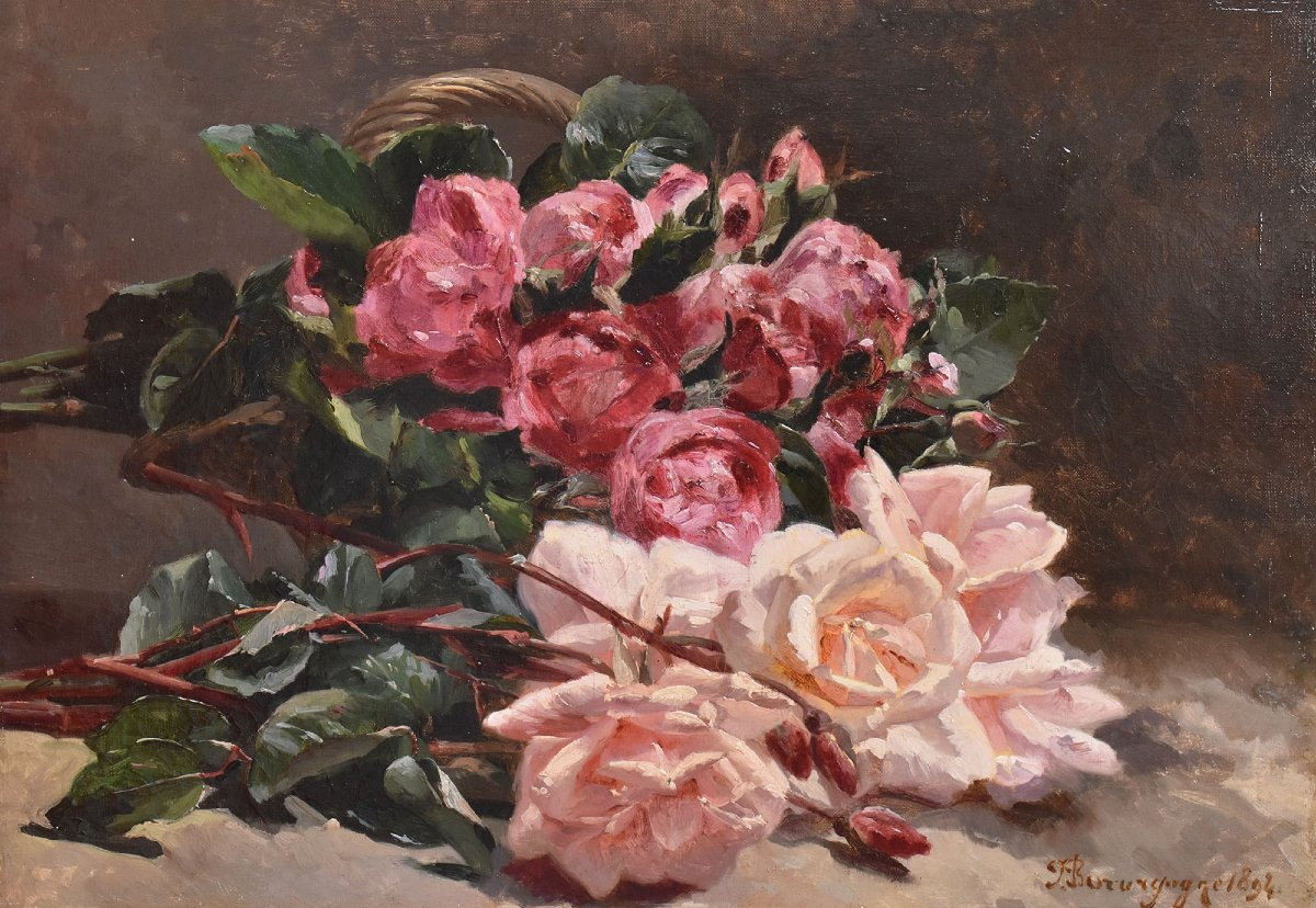 QUADRI ANTICHI, NATURA MORTA CON FIORI DI ROSE ROSSE E BIANCHE RECISE, OLIO SU TELA, DELL'800. -photo-3
