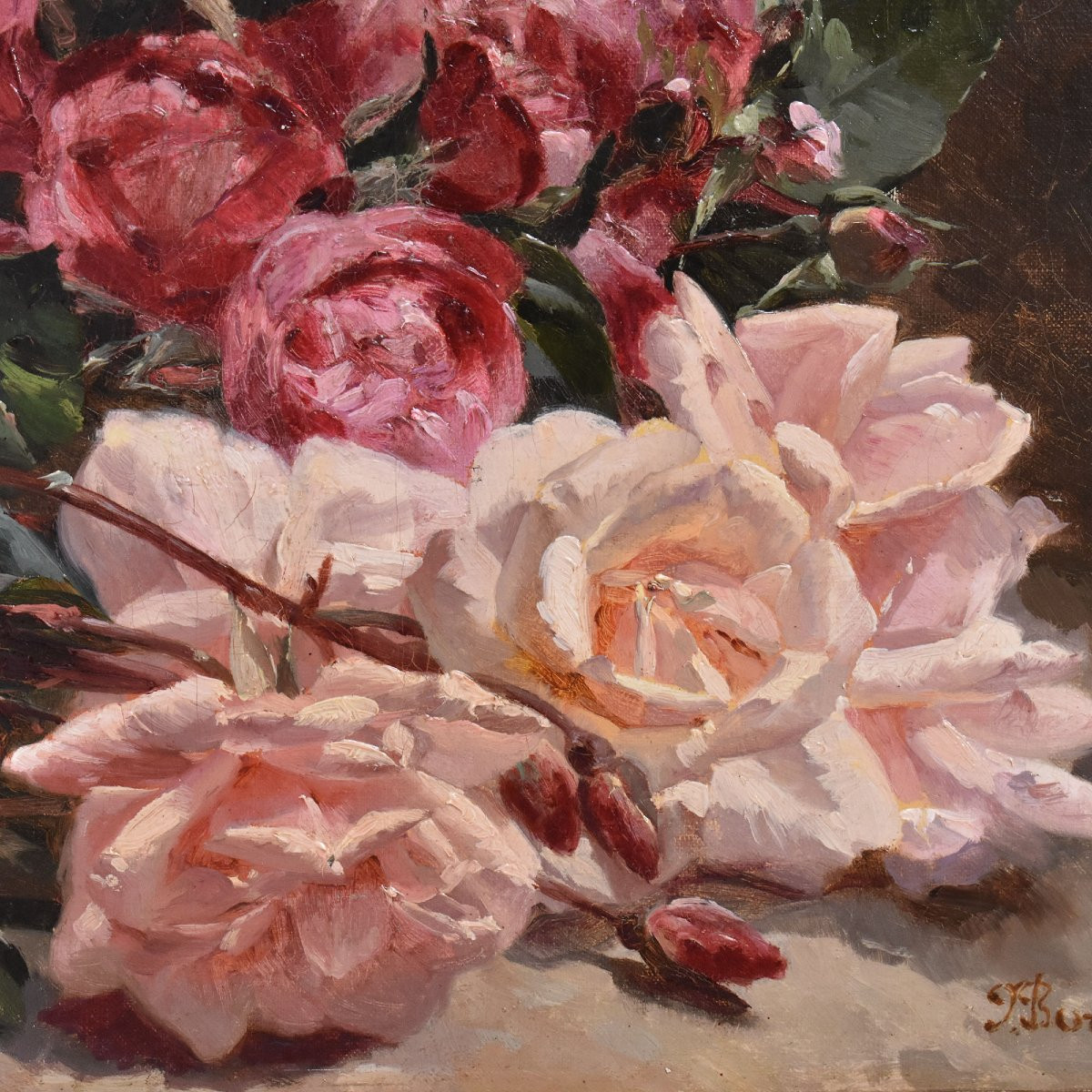 QUADRI ANTICHI, NATURA MORTA CON FIORI DI ROSE ROSSE E BIANCHE RECISE, OLIO SU TELA, DELL'800. -photo-4