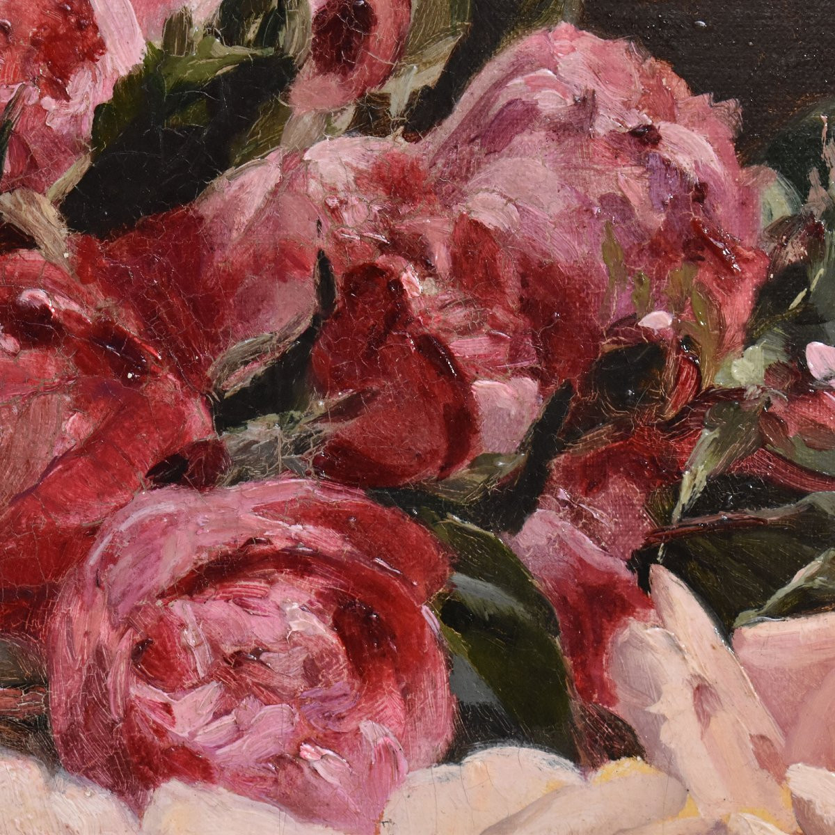 QUADRI ANTICHI, NATURA MORTA CON FIORI DI ROSE ROSSE E BIANCHE RECISE, OLIO SU TELA, DELL'800. -photo-1