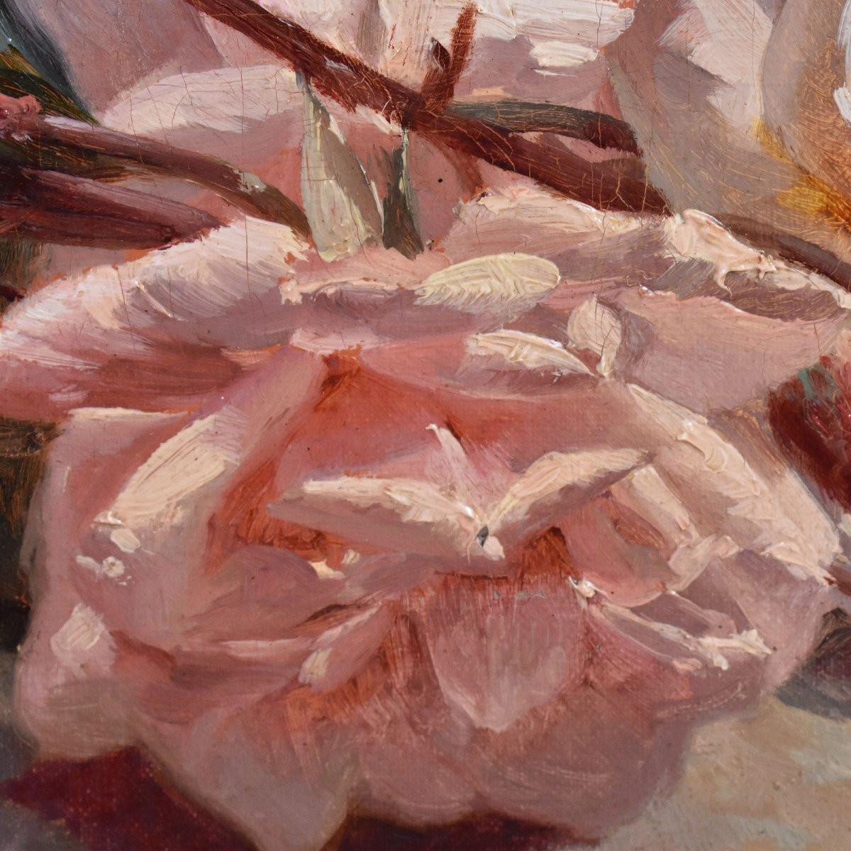 QUADRI ANTICHI, NATURA MORTA CON FIORI DI ROSE ROSSE E BIANCHE RECISE, OLIO SU TELA, DELL'800. -photo-2