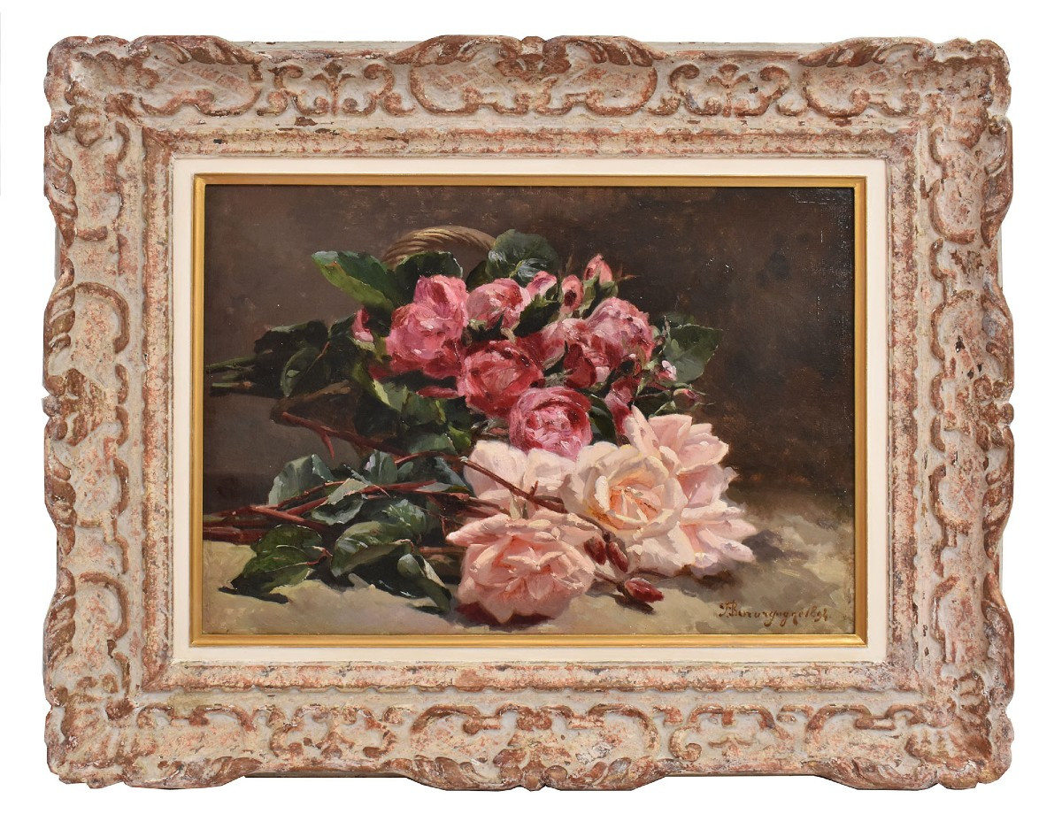 QUADRI ANTICHI, NATURA MORTA CON FIORI DI ROSE ROSSE E BIANCHE RECISE, OLIO SU TELA, DELL'800. 