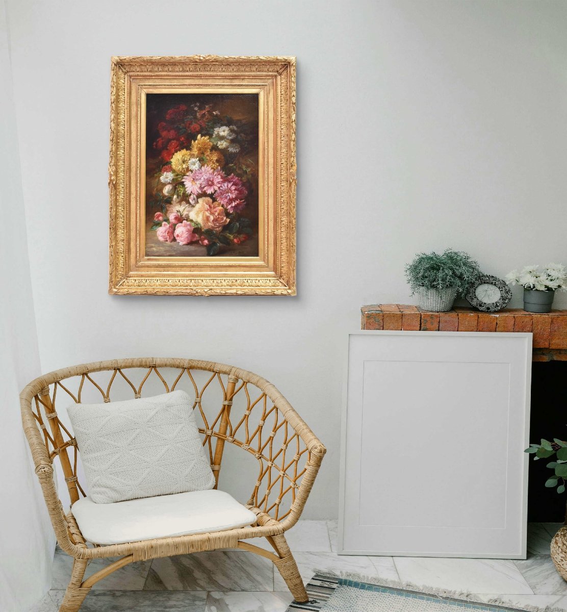 QUADRI ANTICHI, NATURA MORTA CON FIORI, ROSE E MARGHERITE, OLIO SU TELA, DELL 800. (QF680)-photo-2