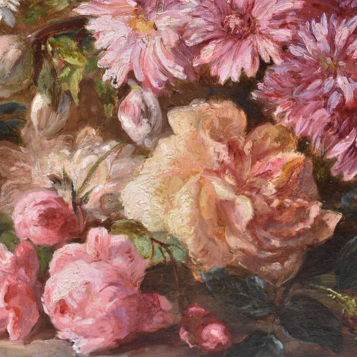 QUADRI ANTICHI, NATURA MORTA CON FIORI, ROSE E MARGHERITE, OLIO SU TELA, DELL 800. (QF680)-photo-1
