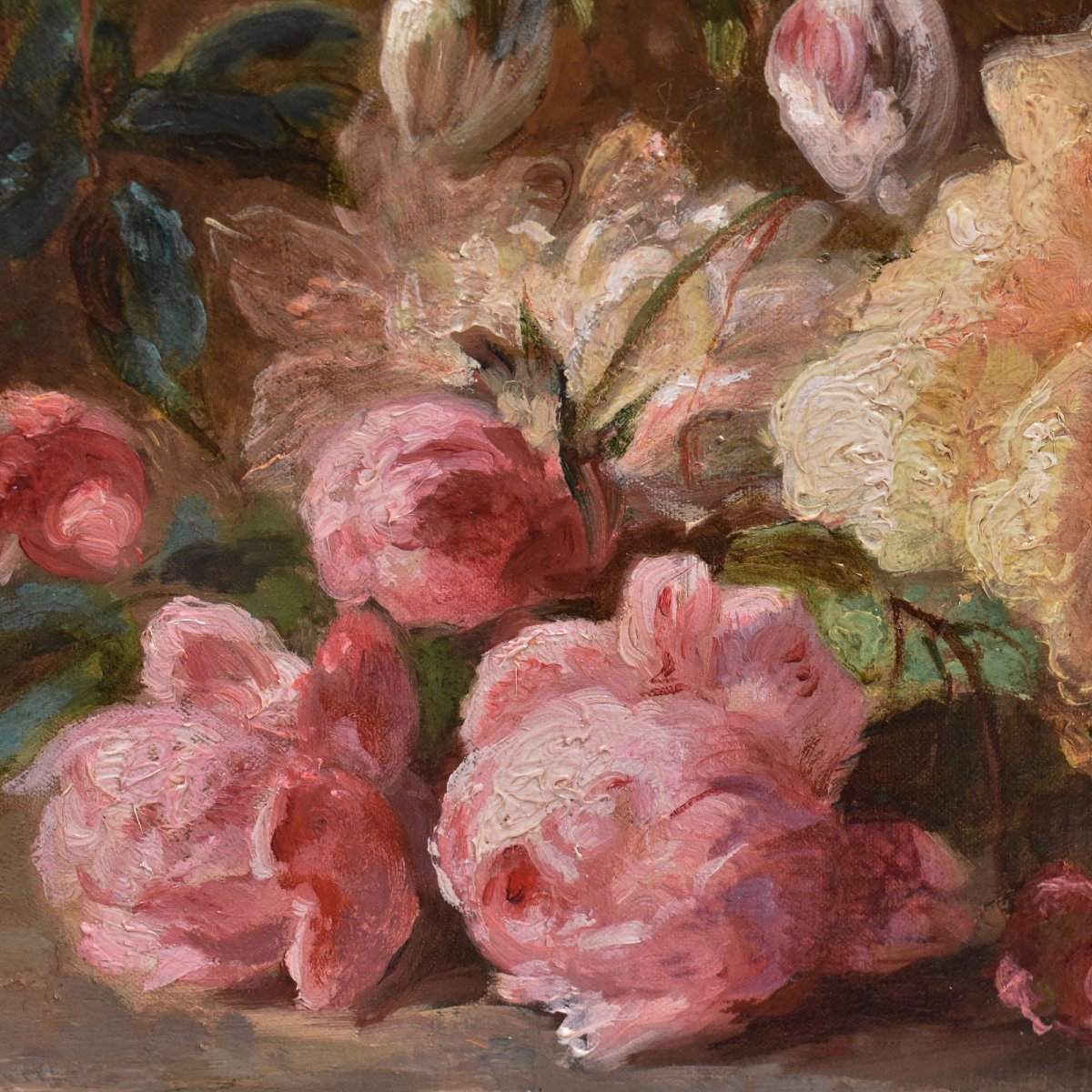 QUADRI ANTICHI, NATURA MORTA CON FIORI, ROSE E MARGHERITE, OLIO SU TELA, DELL 800. (QF680)-photo-2
