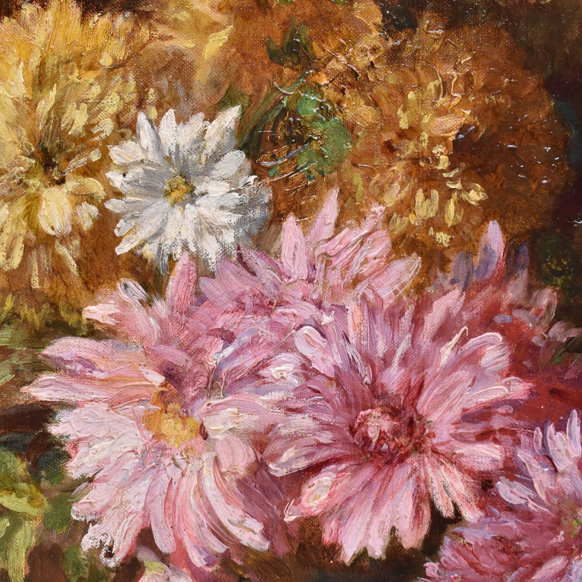 QUADRI ANTICHI, NATURA MORTA CON FIORI, ROSE E MARGHERITE, OLIO SU TELA, DELL 800. (QF680)-photo-3