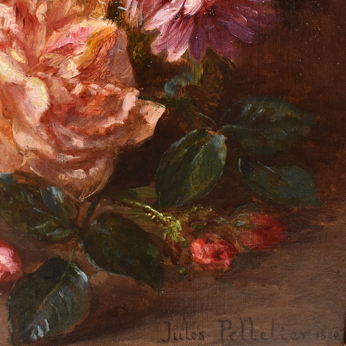 QUADRI ANTICHI, NATURA MORTA CON FIORI, ROSE E MARGHERITE, OLIO SU TELA, DELL 800. (QF680)-photo-4