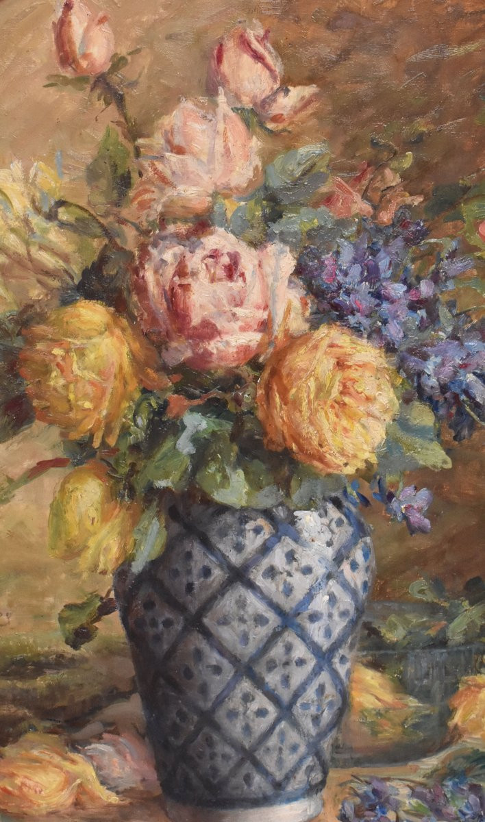 DIPINTI ANTICHI OVALI CON FIORI DI ROSE, NATURE MORTE, OLIO SU TELA, PRIMI DEL ZZ. (QF681)-photo-3