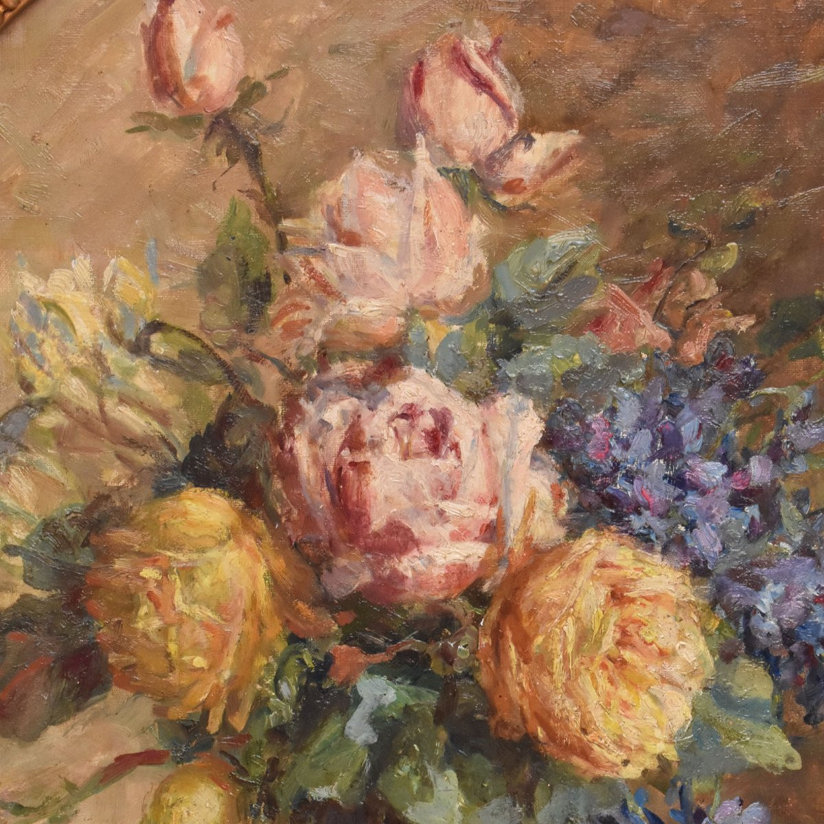DIPINTI ANTICHI OVALI CON FIORI DI ROSE, NATURE MORTE, OLIO SU TELA, PRIMI DEL ZZ. (QF681)-photo-4
