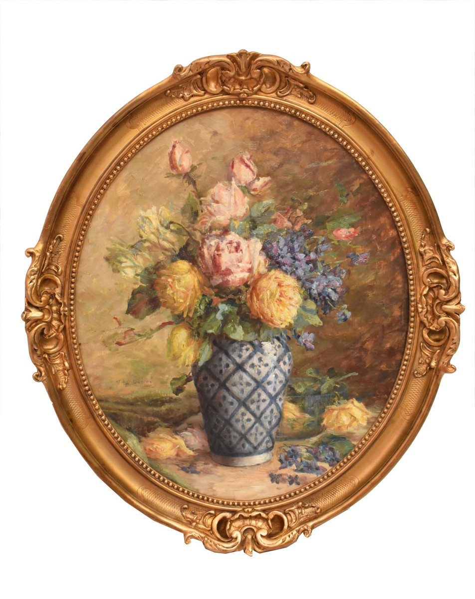 DIPINTI ANTICHI OVALI CON FIORI DI ROSE, NATURE MORTE, OLIO SU TELA, PRIMI DEL ZZ. (QF681)