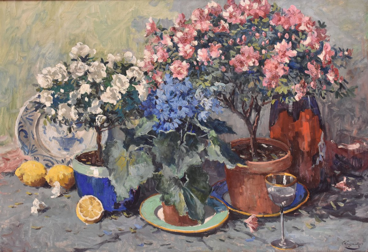 DIPINTI ANTICHI CON FIORI DI ROSE E AZALEE, NATURE MORTE, OLIO SU TELA,  ART DECO. (QF682)   -photo-3