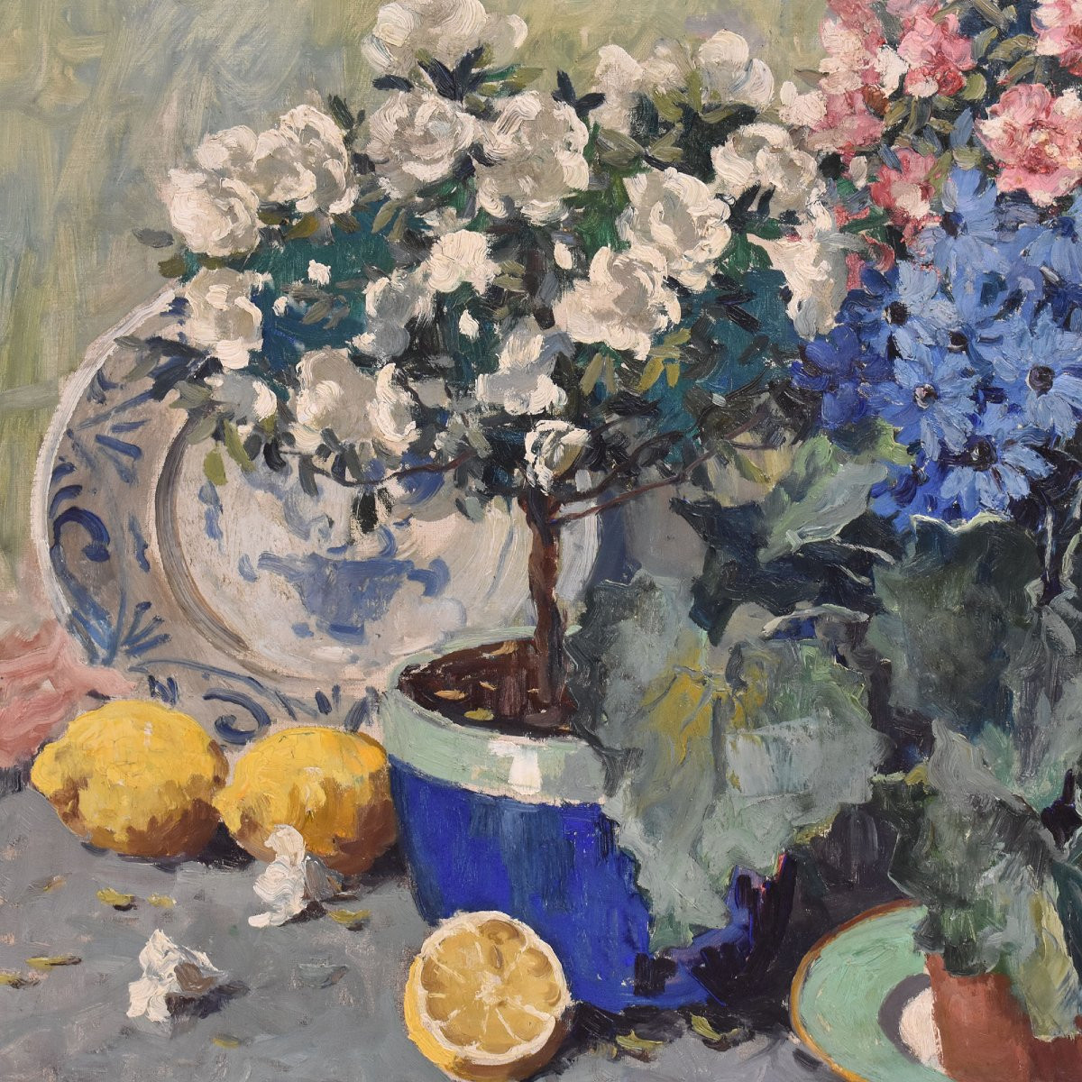 DIPINTI ANTICHI CON FIORI DI ROSE E AZALEE, NATURE MORTE, OLIO SU TELA,  ART DECO. (QF682)   -photo-4