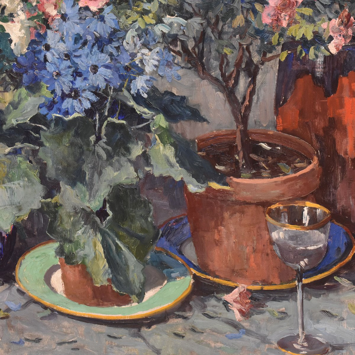 DIPINTI ANTICHI CON FIORI DI ROSE E AZALEE, NATURE MORTE, OLIO SU TELA,  ART DECO. (QF682)   -photo-1