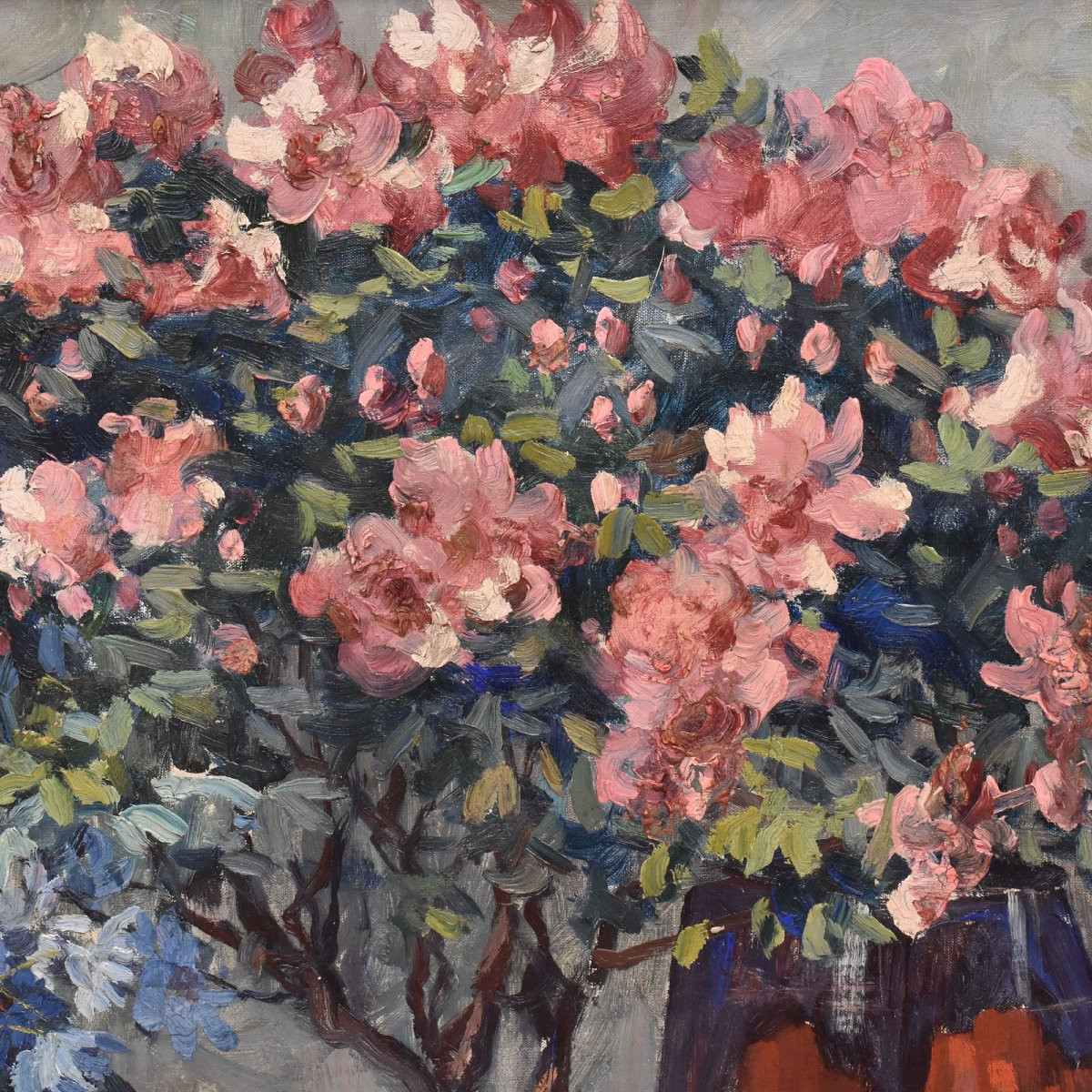 DIPINTI ANTICHI CON FIORI DI ROSE E AZALEE, NATURE MORTE, OLIO SU TELA,  ART DECO. (QF682)   -photo-2