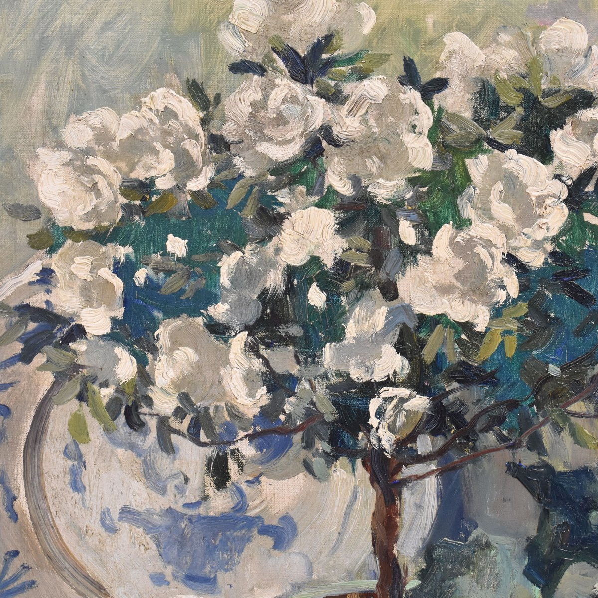 DIPINTI ANTICHI CON FIORI DI ROSE E AZALEE, NATURE MORTE, OLIO SU TELA,  ART DECO. (QF682)   -photo-3
