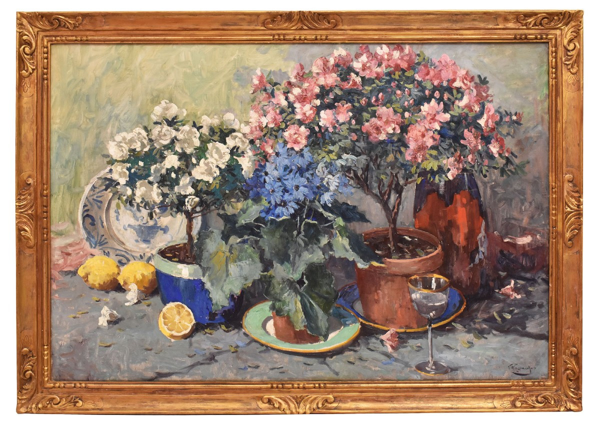 DIPINTI ANTICHI CON FIORI DI ROSE E AZALEE, NATURE MORTE, OLIO SU TELA,  ART DECO. (QF682)   