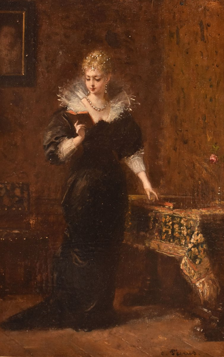 QUADRI ANTICHI DI DONNA CHE LEGGE, RITRATTI FEMMINILI, OLIO SU TAVOLA, EPOCA OTTOCENTO (QR684)-photo-3