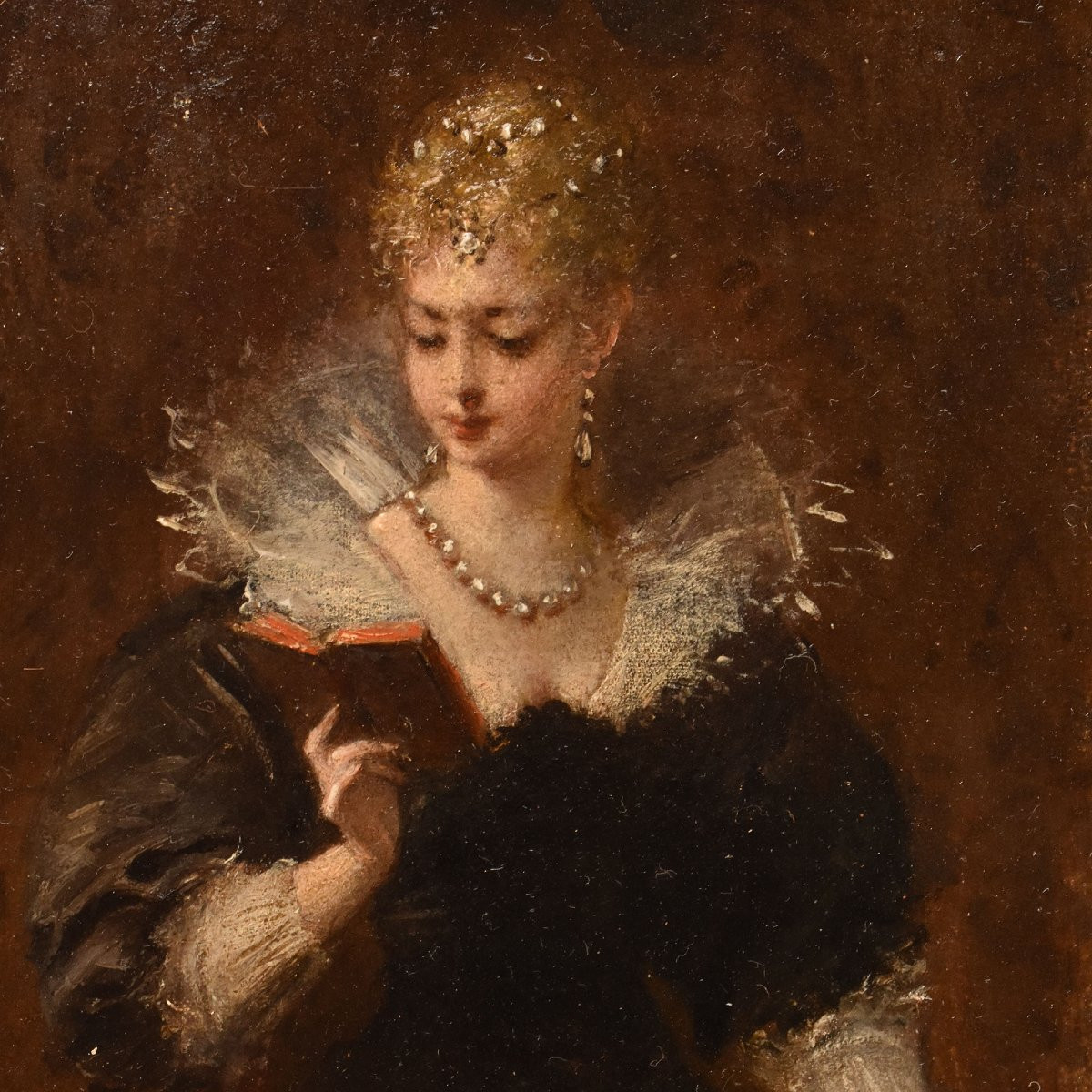 QUADRI ANTICHI DI DONNA CHE LEGGE, RITRATTI FEMMINILI, OLIO SU TAVOLA, EPOCA OTTOCENTO (QR684)-photo-4