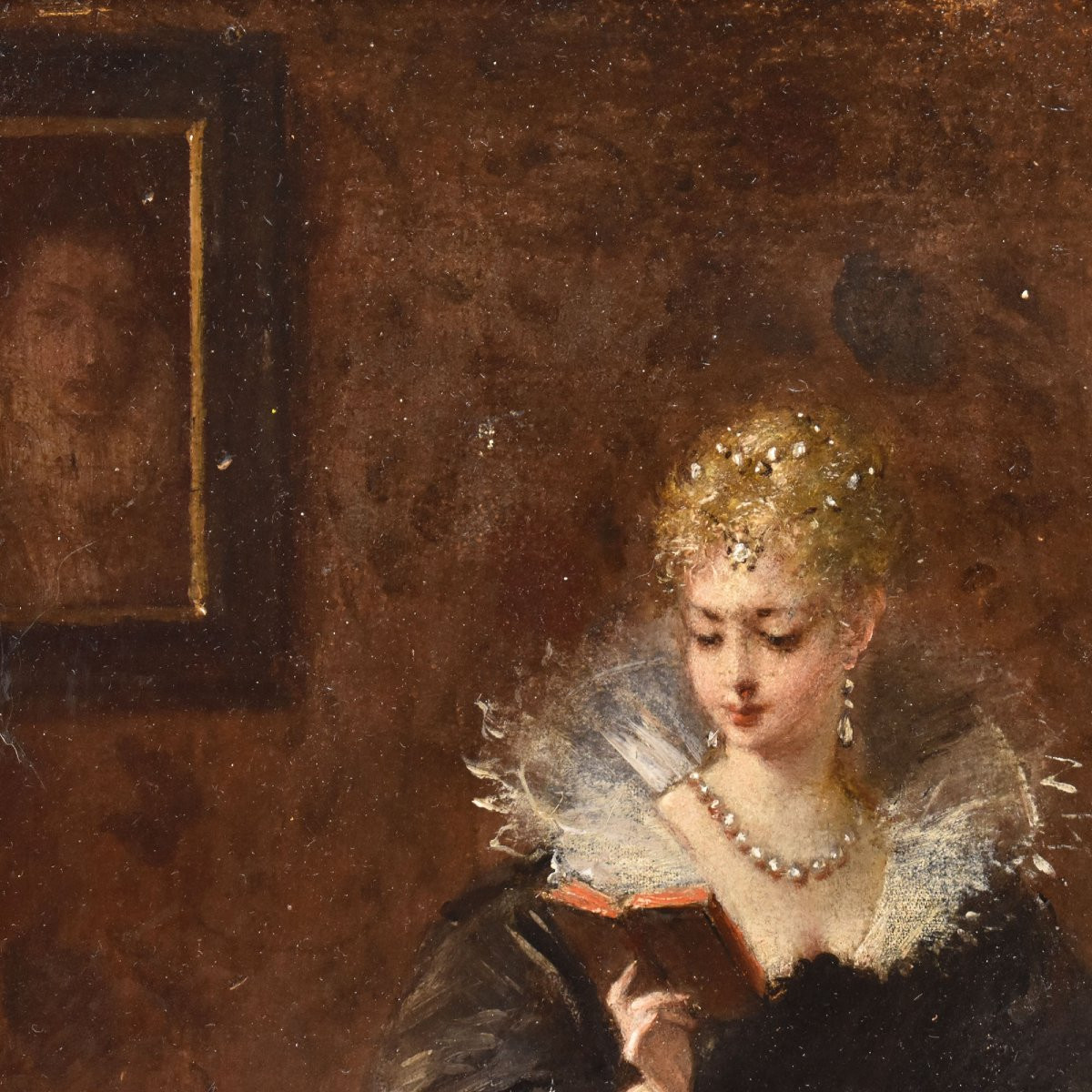 QUADRI ANTICHI DI DONNA CHE LEGGE, RITRATTI FEMMINILI, OLIO SU TAVOLA, EPOCA OTTOCENTO (QR684)-photo-2