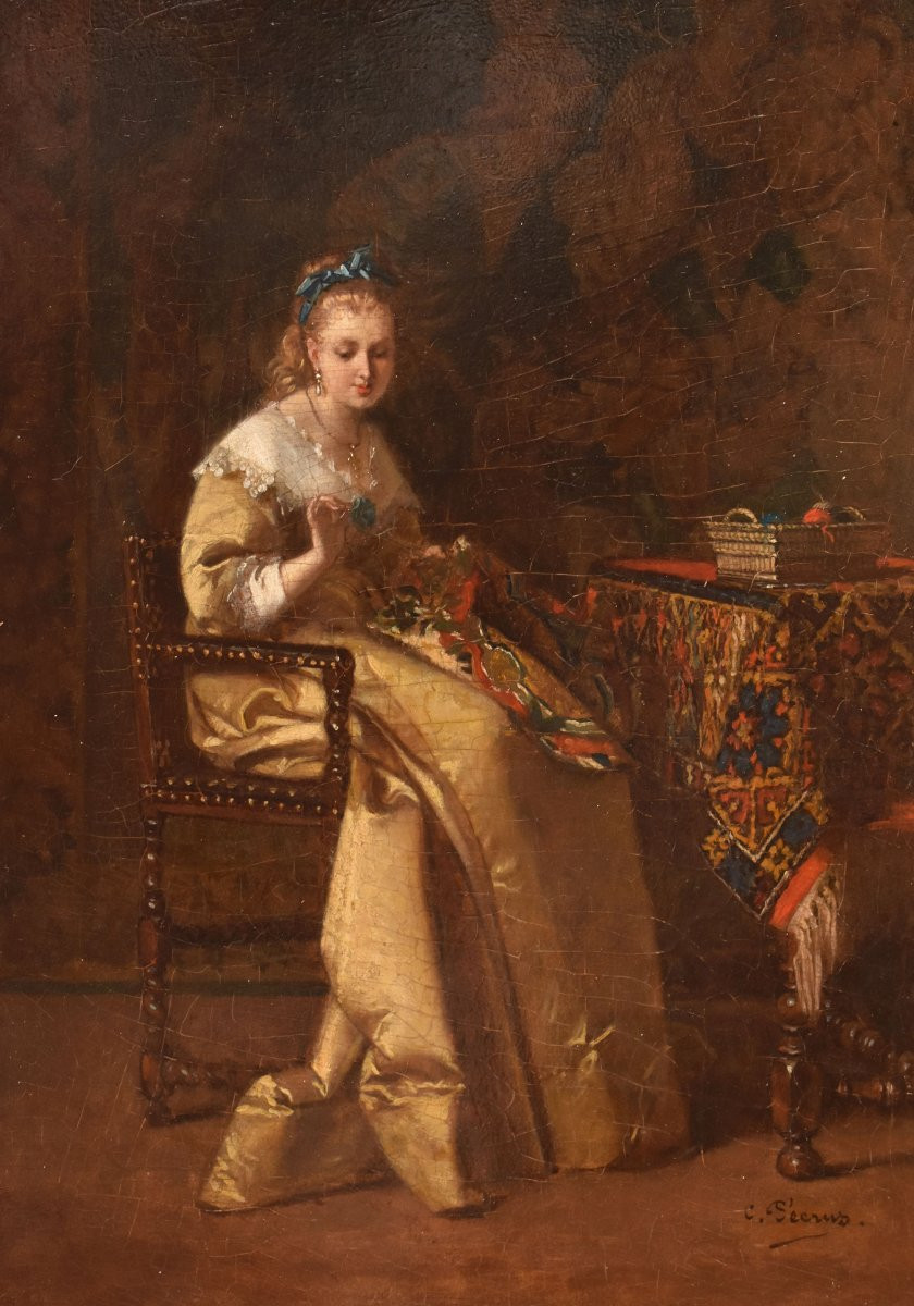QUADRI ANTICHI DI DONNA CHE CUCE, RITRATTI FEMMINILI, OLIO SU TAVOLA, EPOCA OTTOCENTO. (QR685)-photo-3