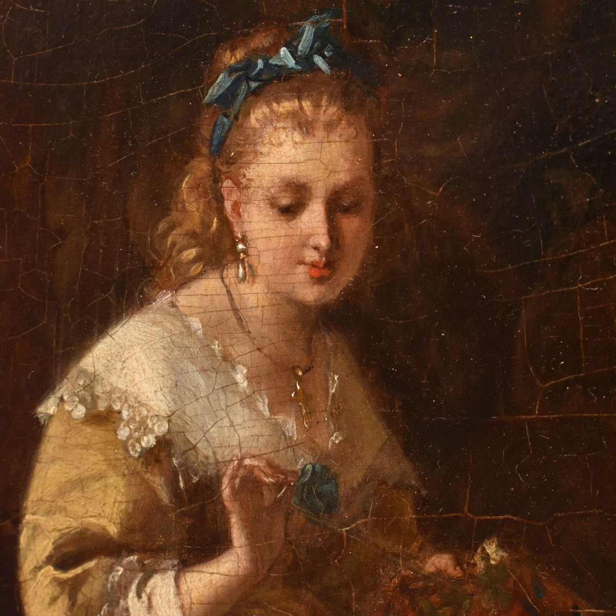 QUADRI ANTICHI DI DONNA CHE CUCE, RITRATTI FEMMINILI, OLIO SU TAVOLA, EPOCA OTTOCENTO. (QR685)-photo-4