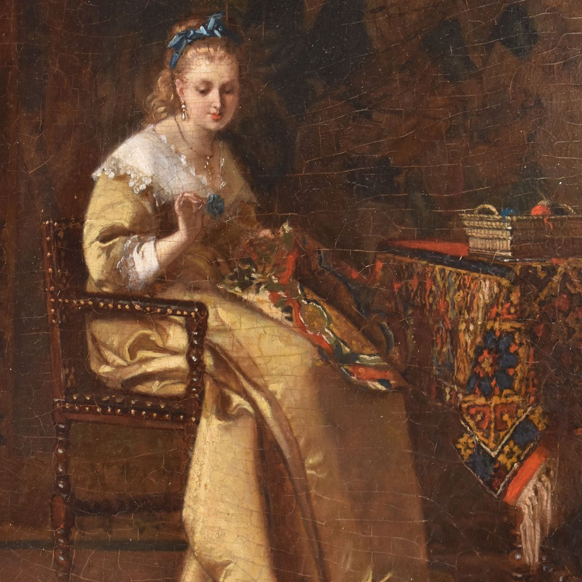 QUADRI ANTICHI DI DONNA CHE CUCE, RITRATTI FEMMINILI, OLIO SU TAVOLA, EPOCA OTTOCENTO. (QR685)-photo-1