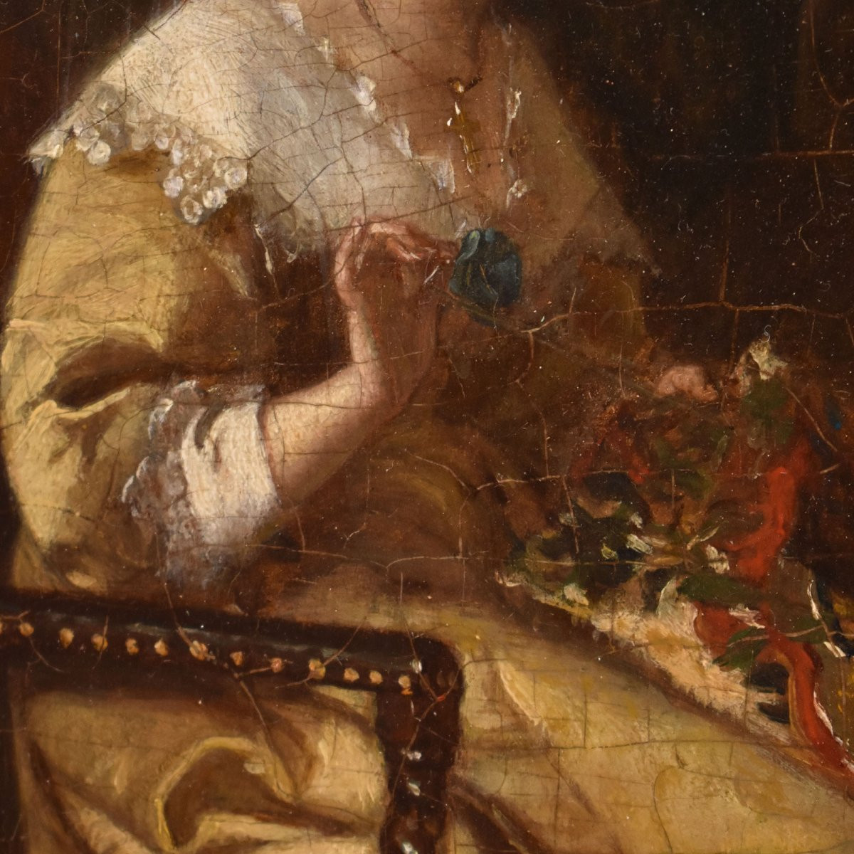 QUADRI ANTICHI DI DONNA CHE CUCE, RITRATTI FEMMINILI, OLIO SU TAVOLA, EPOCA OTTOCENTO. (QR685)-photo-2