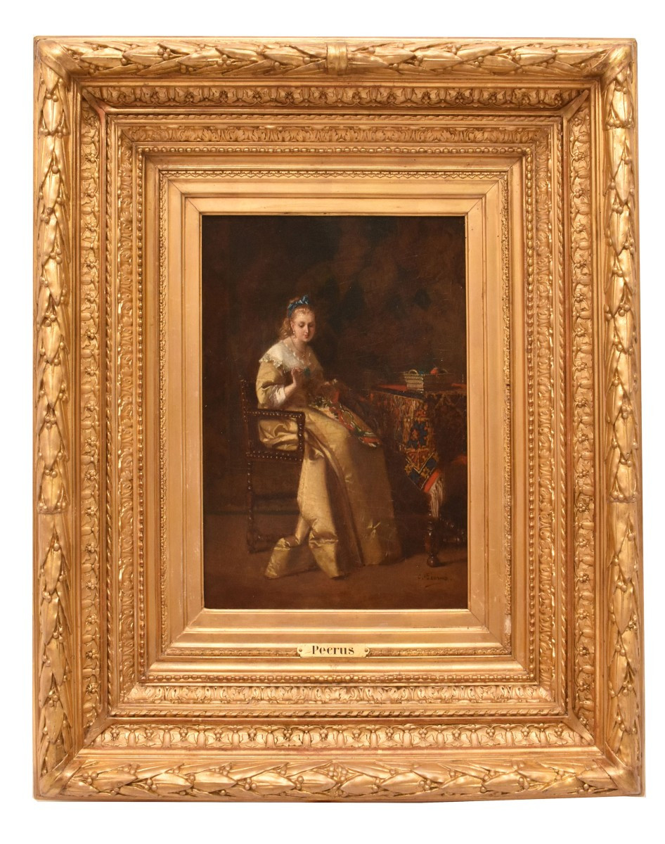 QUADRI ANTICHI DI DONNA CHE CUCE, RITRATTI FEMMINILI, OLIO SU TAVOLA, EPOCA OTTOCENTO. (QR685)