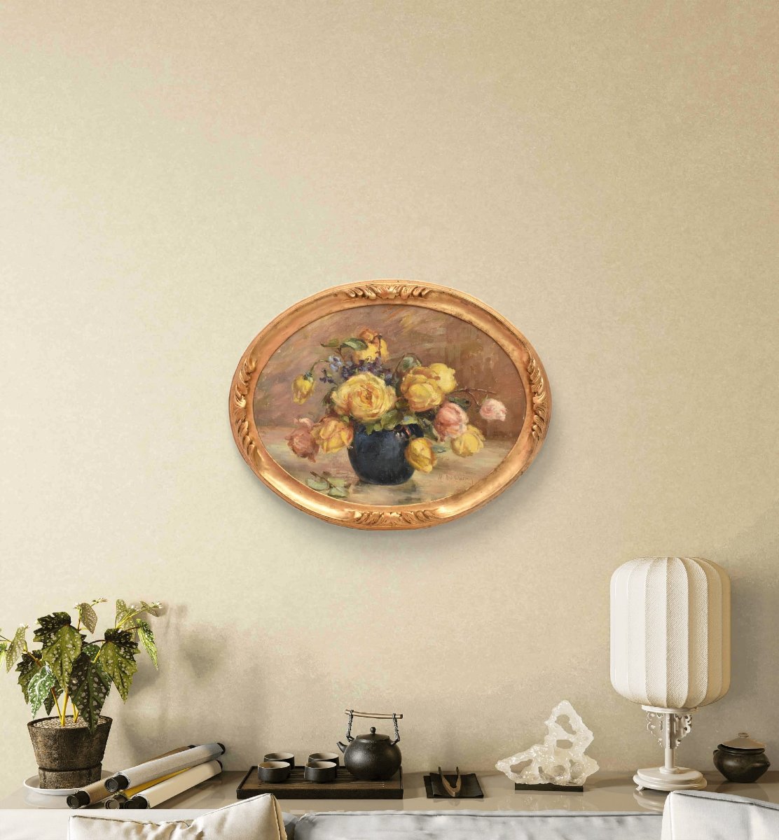 DIPINTI ANTICHI OVALI CON FIORI DI ROSE GIALLE, NATURE MORTE, OLIO SU TELA, PRIMI XX. (QF683)-photo-2