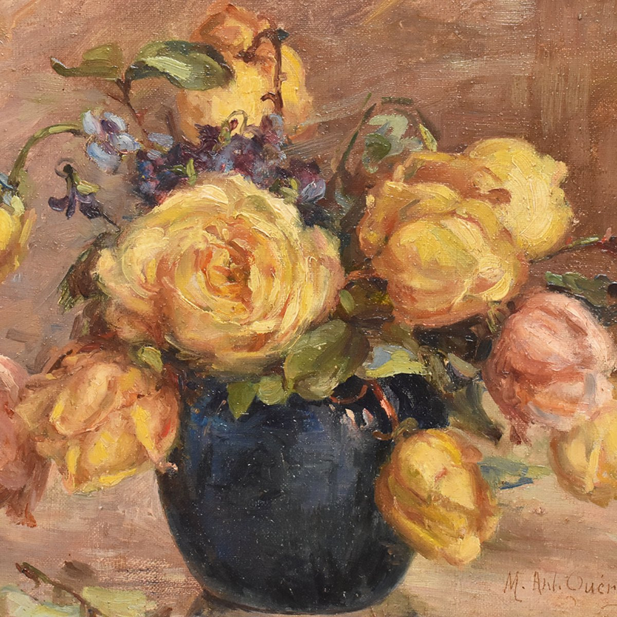 DIPINTI ANTICHI OVALI CON FIORI DI ROSE GIALLE, NATURE MORTE, OLIO SU TELA, PRIMI XX. (QF683)-photo-3