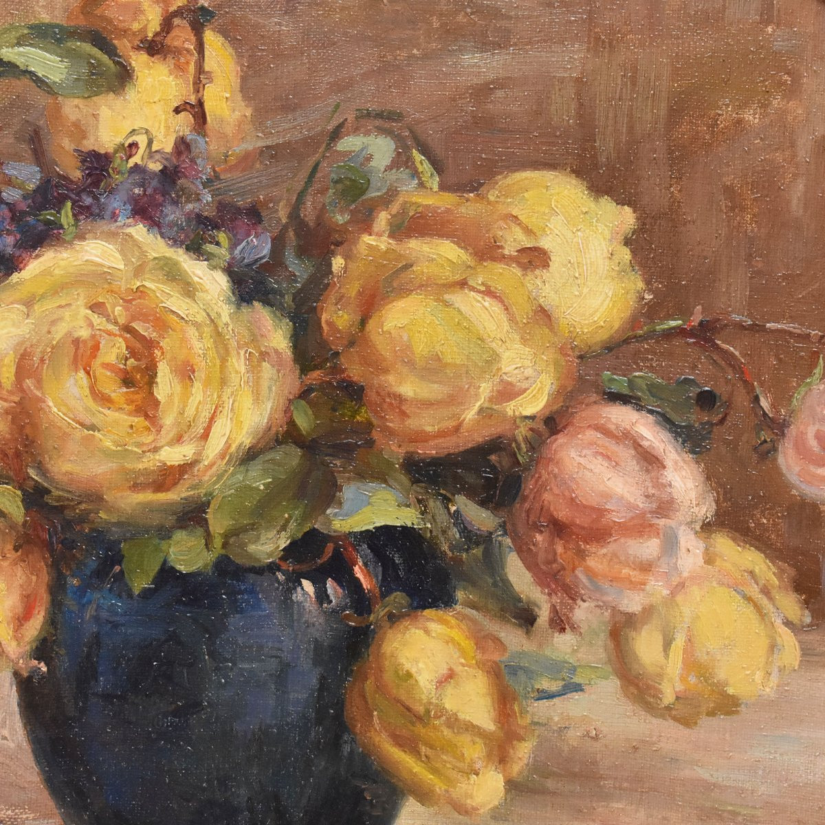 DIPINTI ANTICHI OVALI CON FIORI DI ROSE GIALLE, NATURE MORTE, OLIO SU TELA, PRIMI XX. (QF683)-photo-4