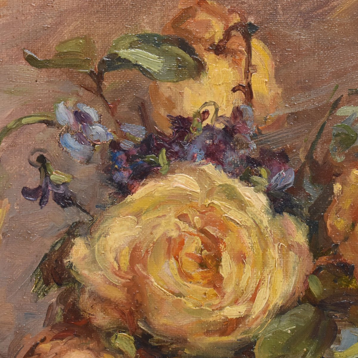 DIPINTI ANTICHI OVALI CON FIORI DI ROSE GIALLE, NATURE MORTE, OLIO SU TELA, PRIMI XX. (QF683)-photo-1