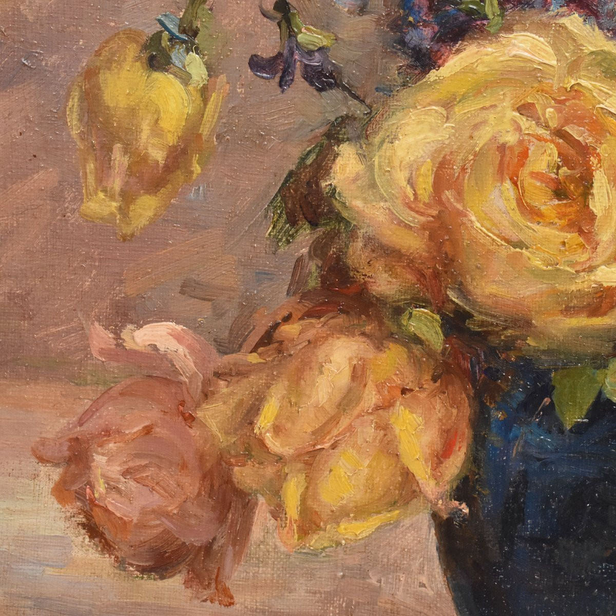 DIPINTI ANTICHI OVALI CON FIORI DI ROSE GIALLE, NATURE MORTE, OLIO SU TELA, PRIMI XX. (QF683)-photo-2