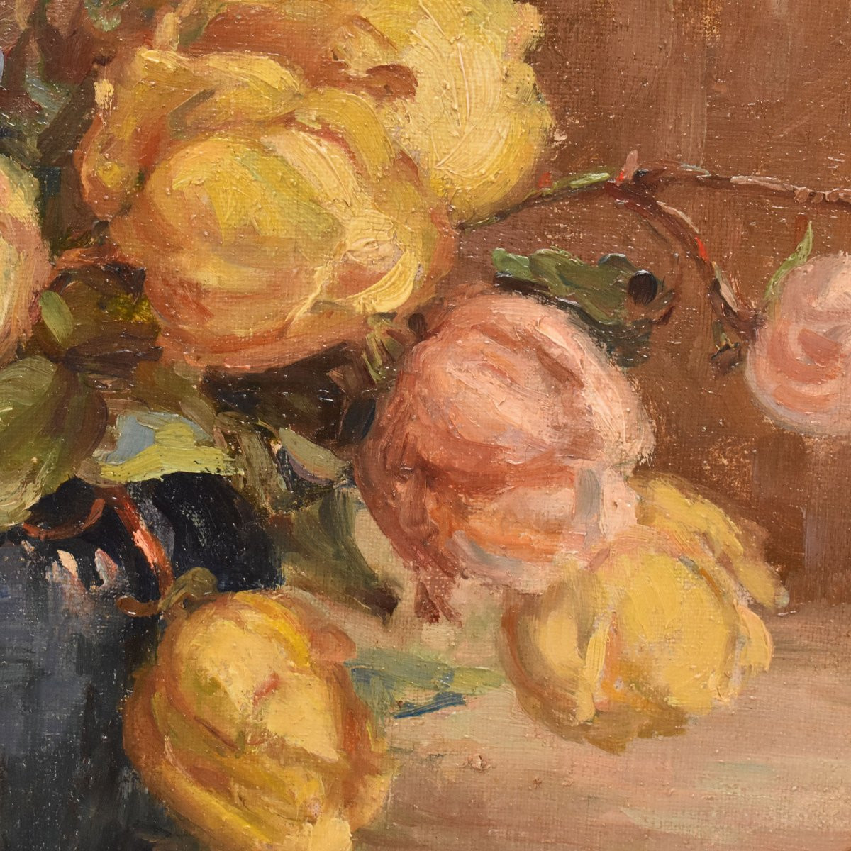 DIPINTI ANTICHI OVALI CON FIORI DI ROSE GIALLE, NATURE MORTE, OLIO SU TELA, PRIMI XX. (QF683)-photo-3
