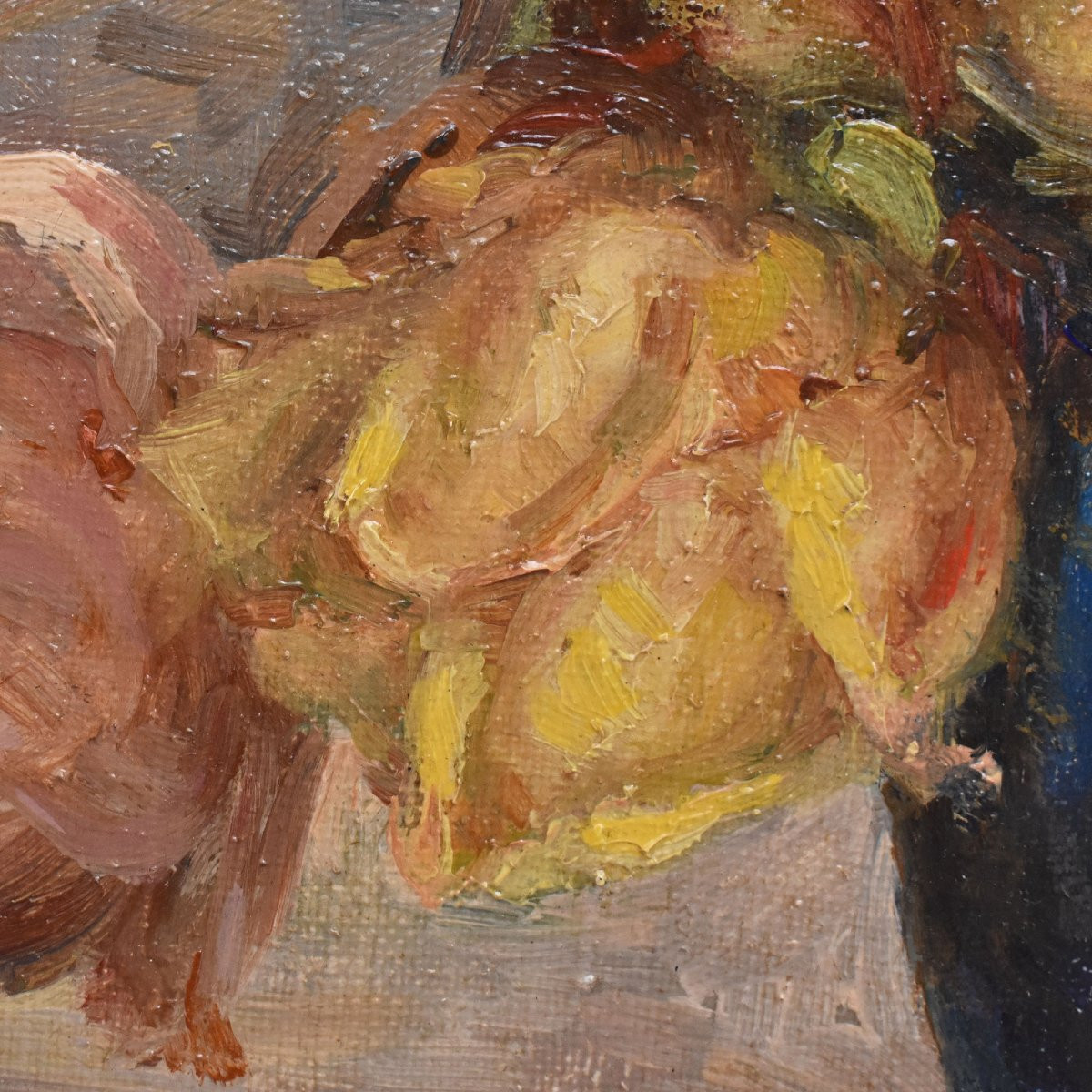 DIPINTI ANTICHI OVALI CON FIORI DI ROSE GIALLE, NATURE MORTE, OLIO SU TELA, PRIMI XX. (QF683)-photo-4