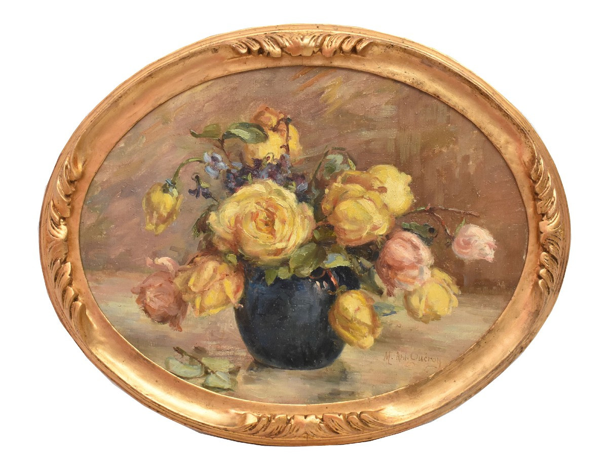 DIPINTI ANTICHI OVALI CON FIORI DI ROSE GIALLE, NATURE MORTE, OLIO SU TELA, PRIMI XX. (QF683)