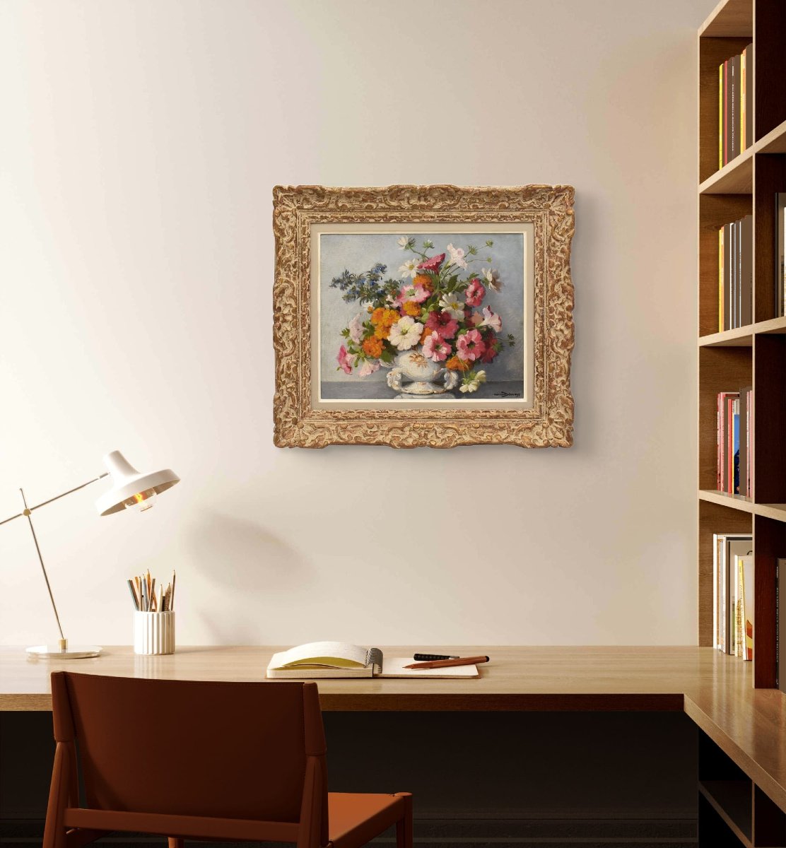 QUADRI ANTICHI, ART DECO, NATURA MORTA CON FIORI DI MARGHERITE E PETUNIE, TELA, XX. (QF686)-photo-2