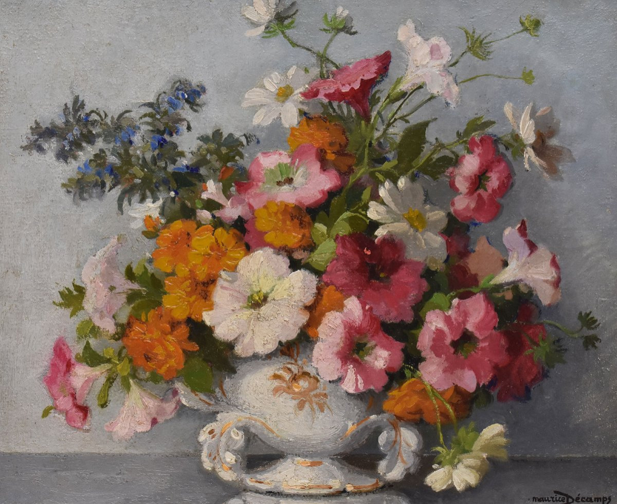 QUADRI ANTICHI, ART DECO, NATURA MORTA CON FIORI DI MARGHERITE E PETUNIE, TELA, XX. (QF686)-photo-3