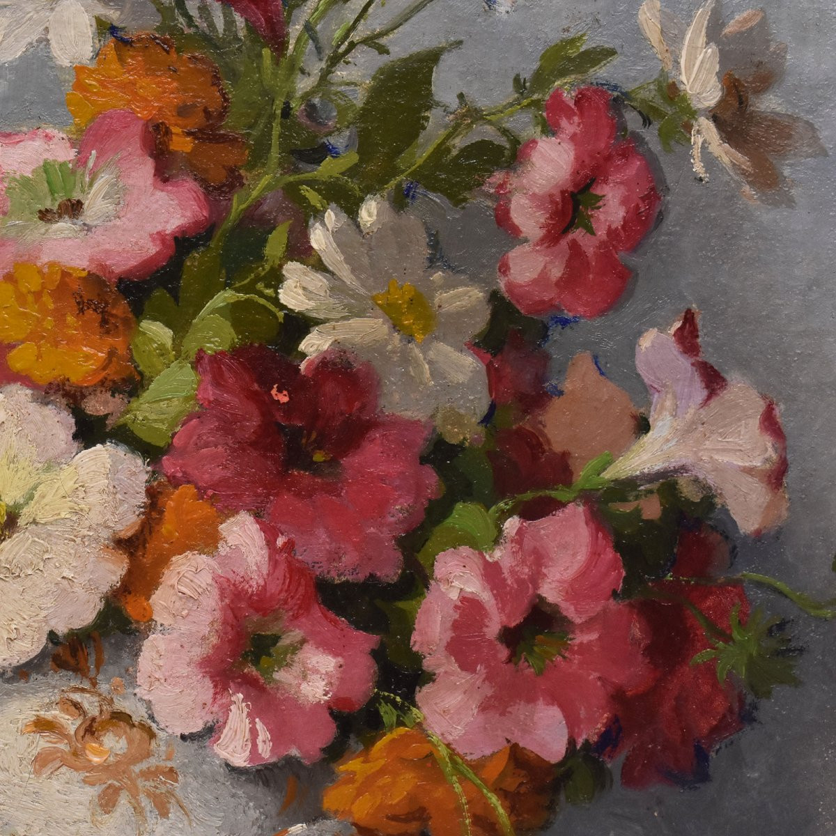 QUADRI ANTICHI, ART DECO, NATURA MORTA CON FIORI DI MARGHERITE E PETUNIE, TELA, XX. (QF686)-photo-1