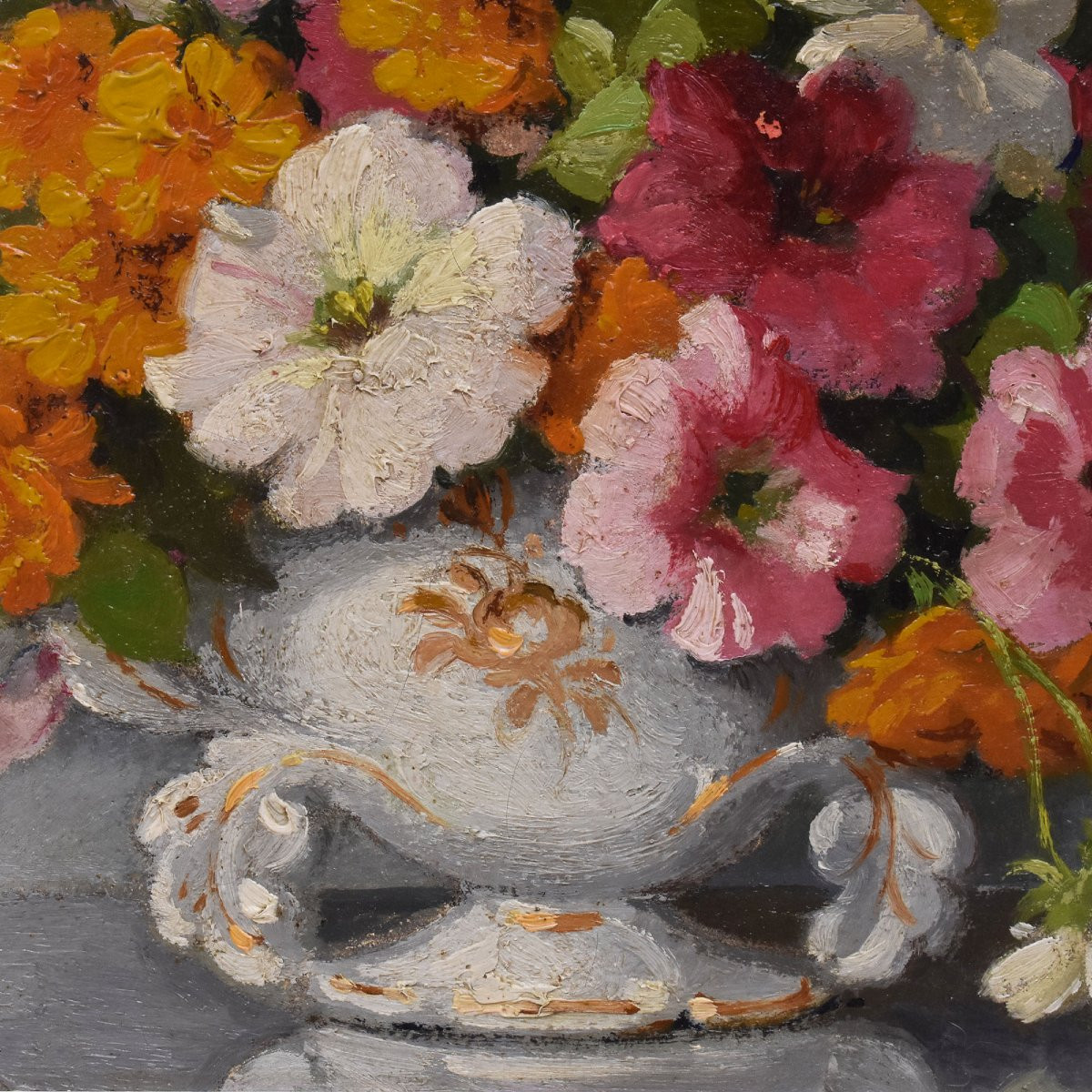 QUADRI ANTICHI, ART DECO, NATURA MORTA CON FIORI DI MARGHERITE E PETUNIE, TELA, XX. (QF686)-photo-2