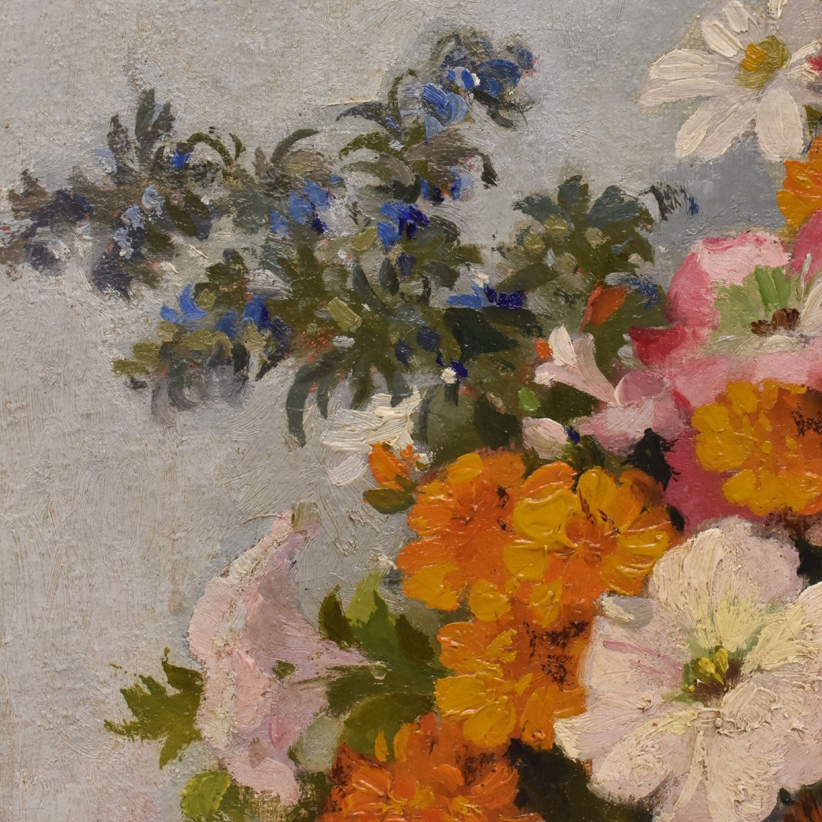 QUADRI ANTICHI, ART DECO, NATURA MORTA CON FIORI DI MARGHERITE E PETUNIE, TELA, XX. (QF686)-photo-4