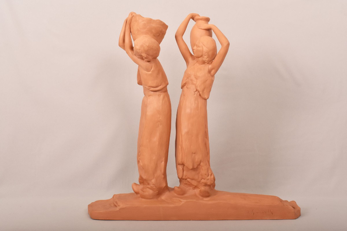 SCULTURE ART DECO IN TERRACOTTA, DONNE E ANFORA, AMEDEO GENNARELLI, SCULTORE ITALIANO. (STTE98)