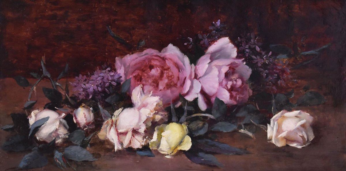 QUADRI ANTICHI, NATURA MORTA CON FIORI DI ROSE RECISE, OLIO SU TELA, DELL' 800. (QF687)-photo-3