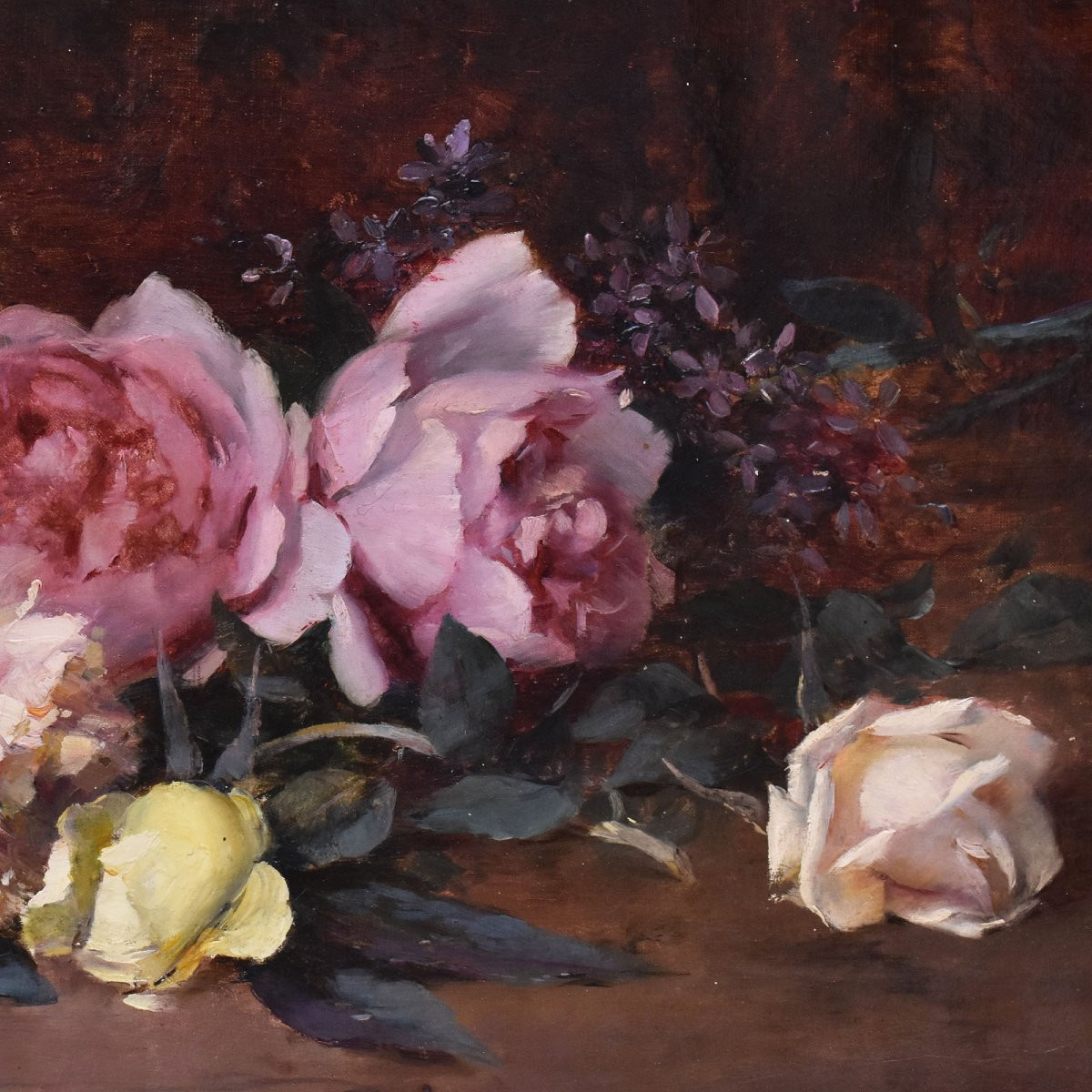 QUADRI ANTICHI, NATURA MORTA CON FIORI DI ROSE RECISE, OLIO SU TELA, DELL' 800. (QF687)-photo-4