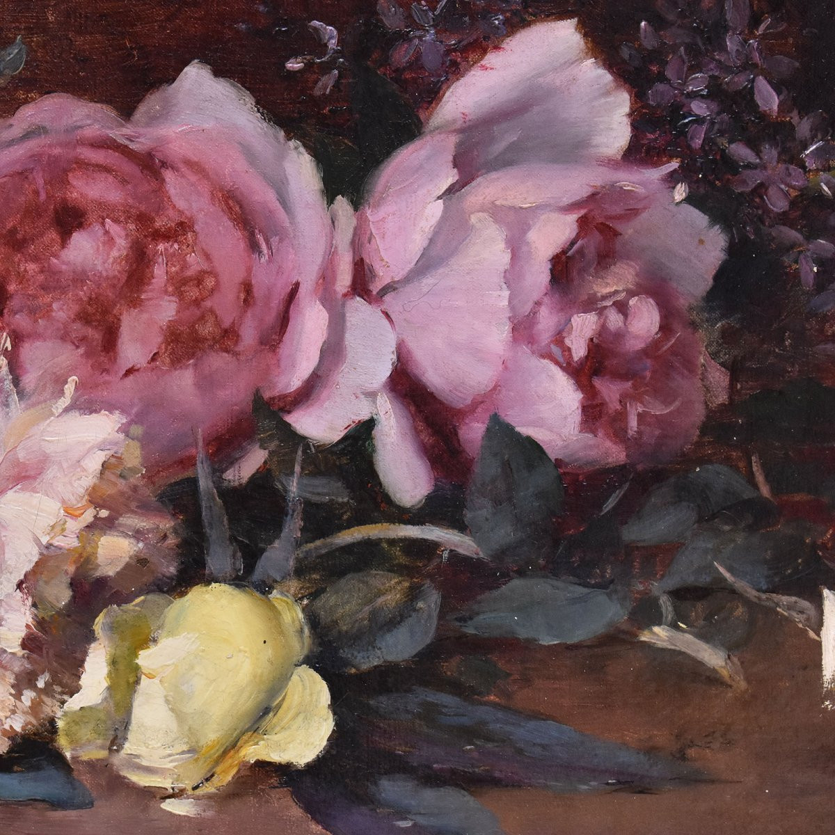 QUADRI ANTICHI, NATURA MORTA CON FIORI DI ROSE RECISE, OLIO SU TELA, DELL' 800. (QF687)-photo-1