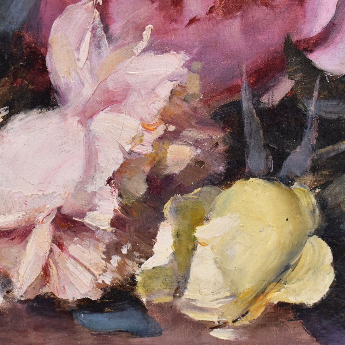 QUADRI ANTICHI, NATURA MORTA CON FIORI DI ROSE RECISE, OLIO SU TELA, DELL' 800. (QF687)-photo-4