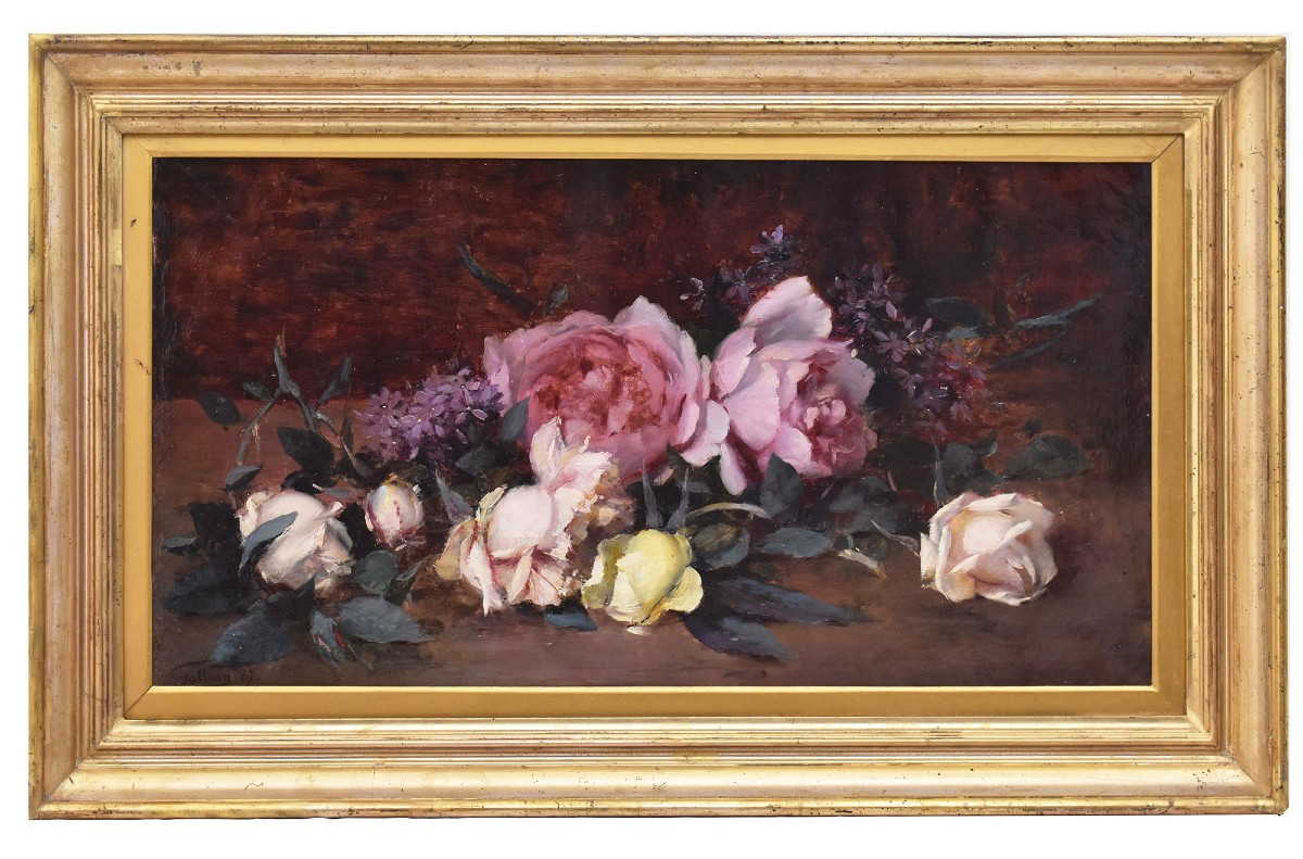 QUADRI ANTICHI, NATURA MORTA CON FIORI DI ROSE RECISE, OLIO SU TELA, DELL' 800. (QF687)