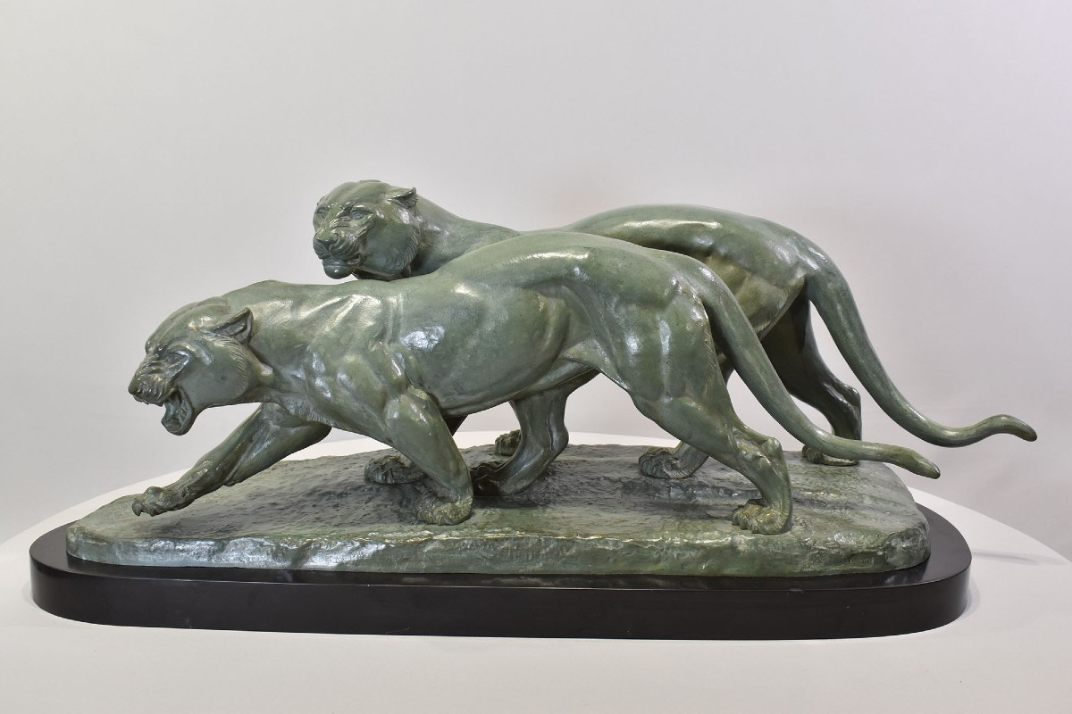 ANTICHE SCULTURE IN BRONZO, DUE PANTERE, IRENEE ROCHARD, ART DECO, XX SECOLO. (STB102)