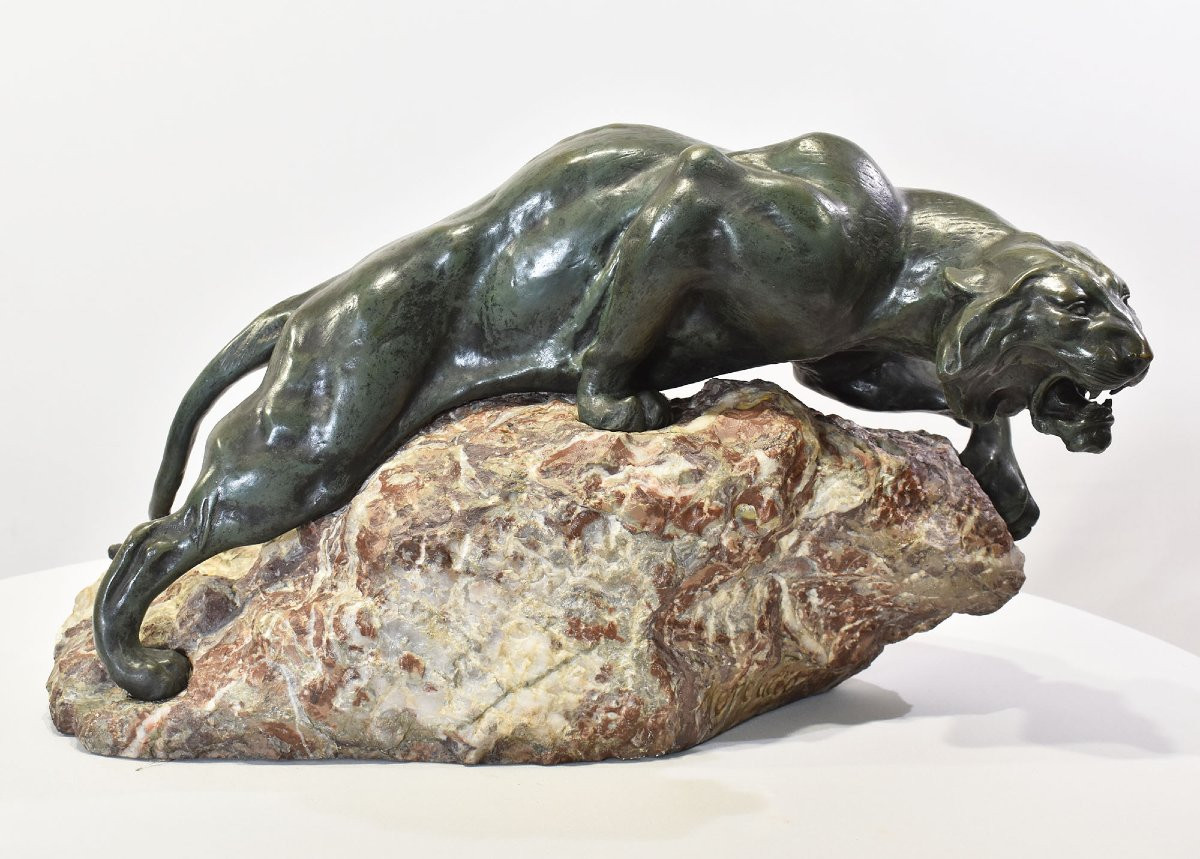 ANTICHE SCULTURE IN BRONZO, GRANDE LEONESSA, GIACOMO MERCULIANO, ART DECO, XX SECOLO. (STB103)-photo-4